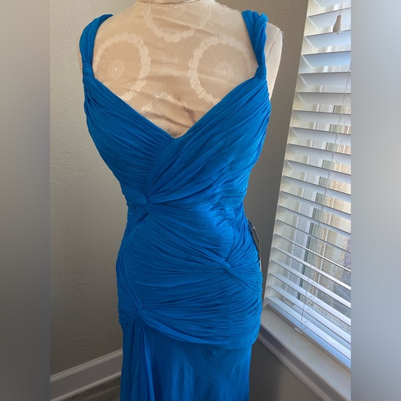 NWT, Designer 100% Silk Chiffon Blue Hi Lo Hem Evening Gown Dress, Size 8 - Picture 4 of 16